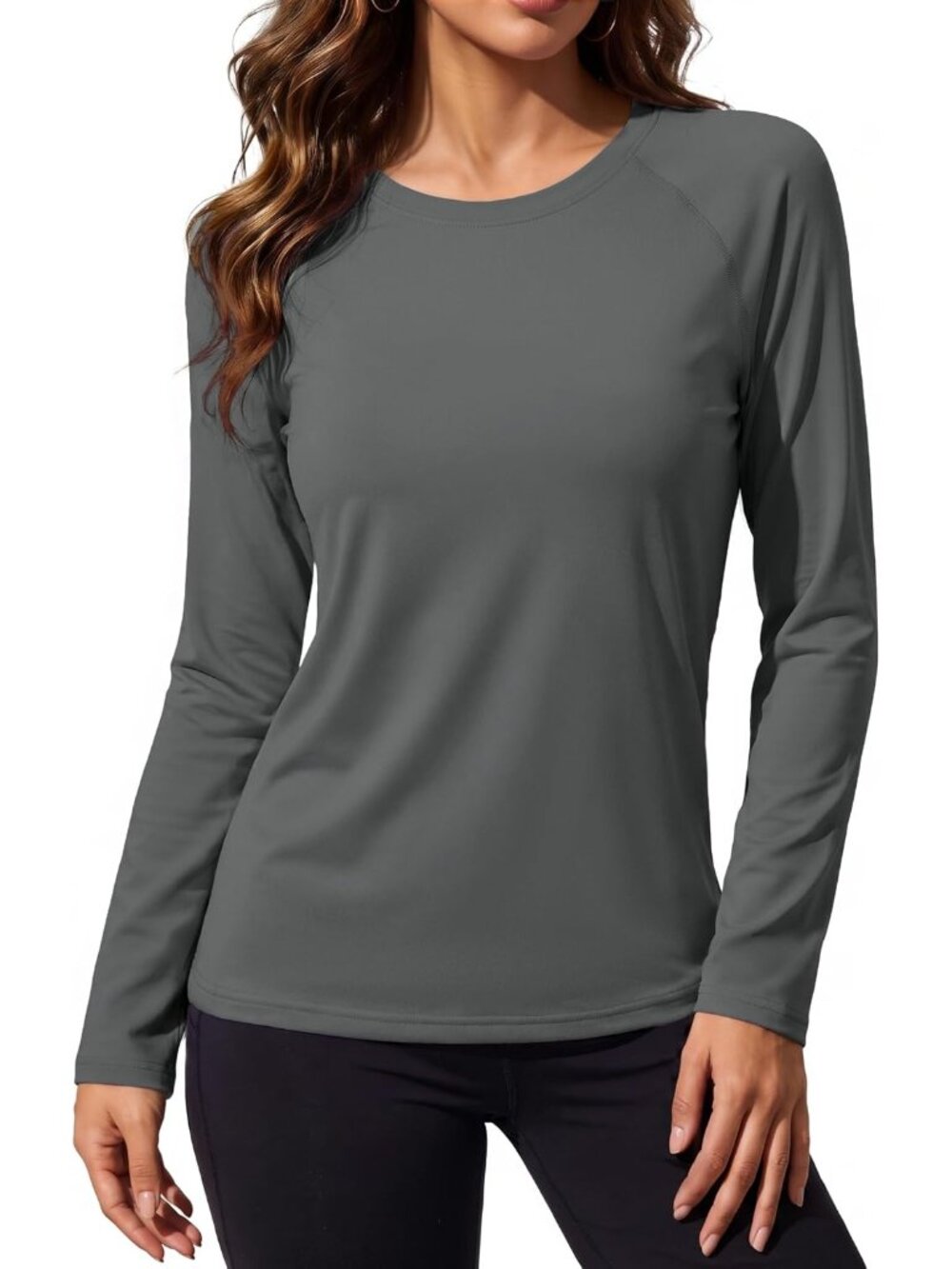 Women's Dark Grey Long Sleeve Crew Neck Warm Undershirts Casual Tops Shirts